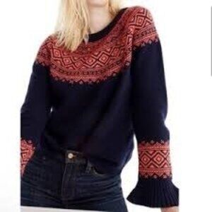 J. Crew Fair Isle Nordic Knit Sweater With Orange & Black Ruffle Sleeve
